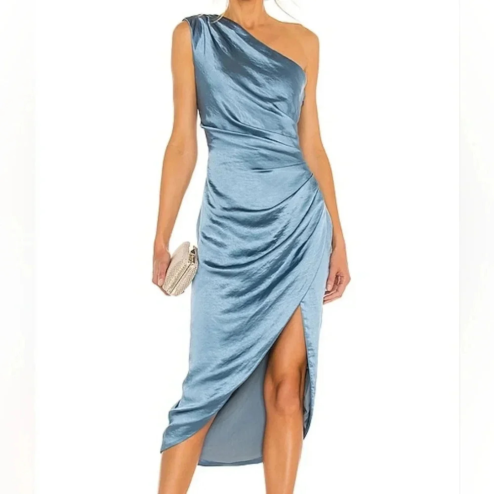ELLIATT Cassini One Shoulder Ruched Midi Dress Cadet Blue XS NWT